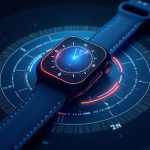 Ilustración de un smartwatch y anillo inteligente midiendo la salud