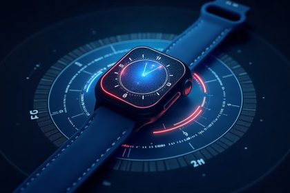 Ilustración de un smartwatch y anillo inteligente midiendo la salud