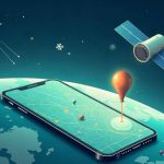 Ilustración de satélites GPS orbitando la Tierra con un smartphone mostrando un mapa