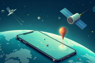Ilustración de satélites GPS orbitando la Tierra con un smartphone mostrando un mapa