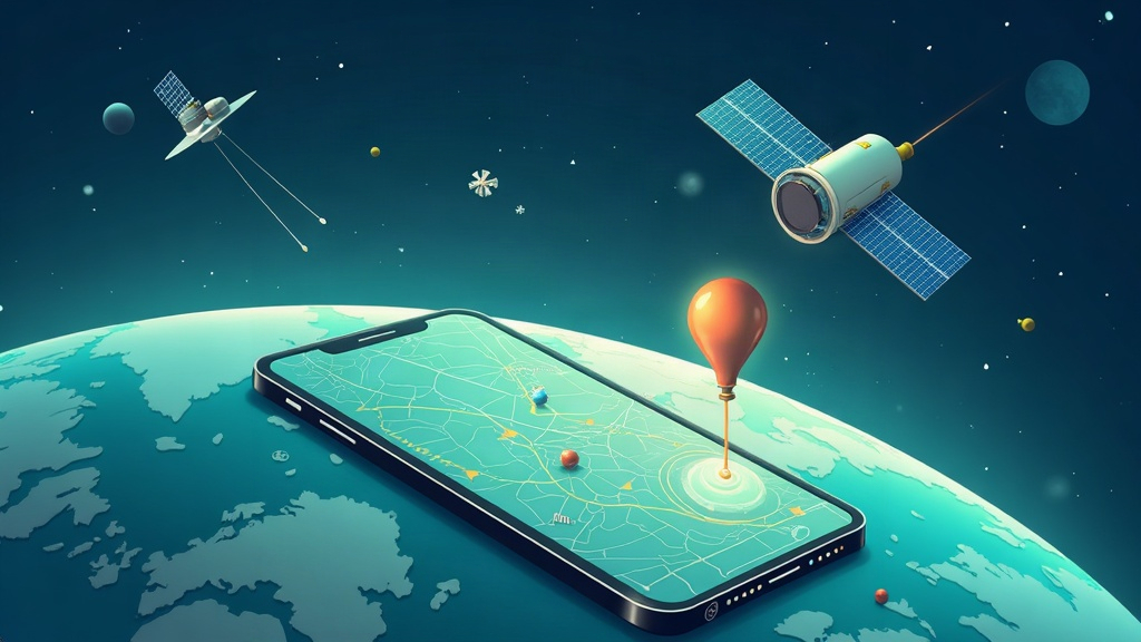Ilustración de satélites GPS orbitando la Tierra con un smartphone mostrando un mapa