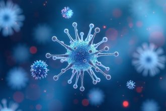 Ilustración de nanotecnología con moléculas brillantes