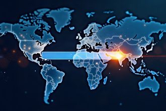 Ilustración de un buscador de internet sobre un mapa de conexiones