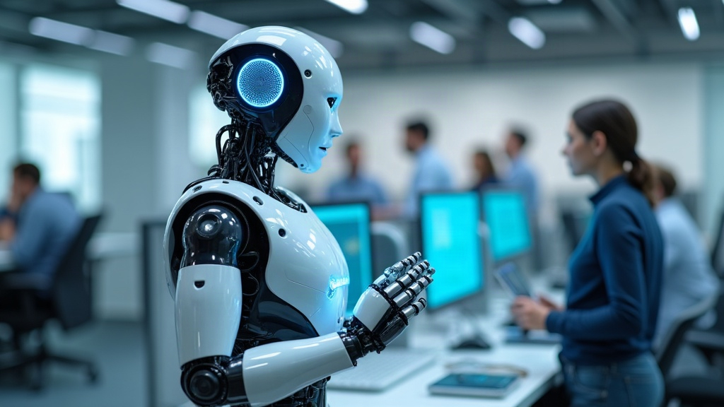 Ilustración de un robot humanoide trabajando junto a personas