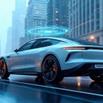 Ilustración de un coche autónomo eléctrico circulando por una ciudad futurista con sensores y conexiones digitales