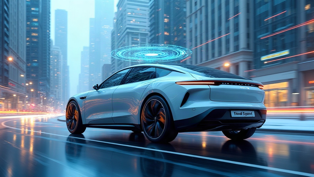 Ilustración de un coche autónomo eléctrico circulando por una ciudad futurista con sensores y conexiones digitales