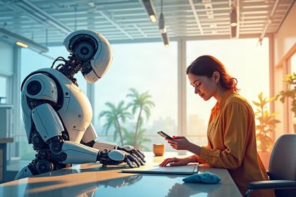 Ilustración de robots colaborativos trabajando junto a personas
