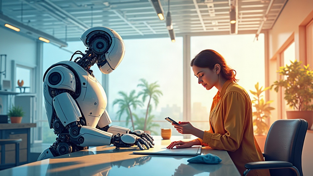 Ilustración de robots colaborativos trabajando junto a personas